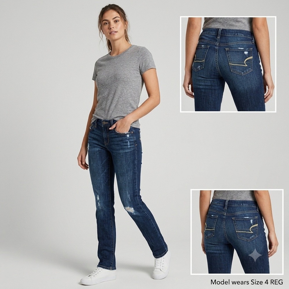 American Eagle Slim Straight Jeans Womens 4 Reg Dark Wash Distressed Denim